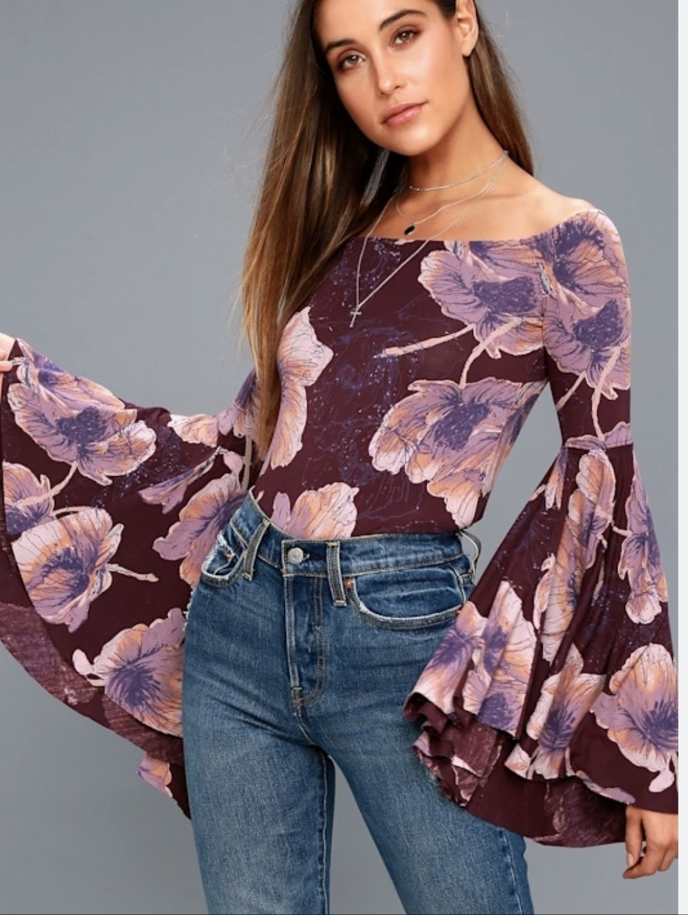 Free people Floral Off-Shoulder Bell Sleeve Boho Top Birds Of Paradise Purple Sm - Picture 2 of 6